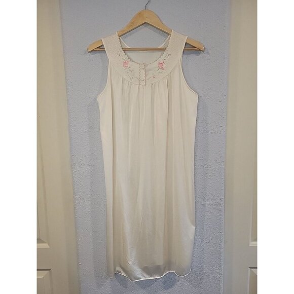 Vtg Lorraine Nightgown Midi Embroidered Ivory Slip Dress Nylon Cottage Granny M - Picture 1 of 7